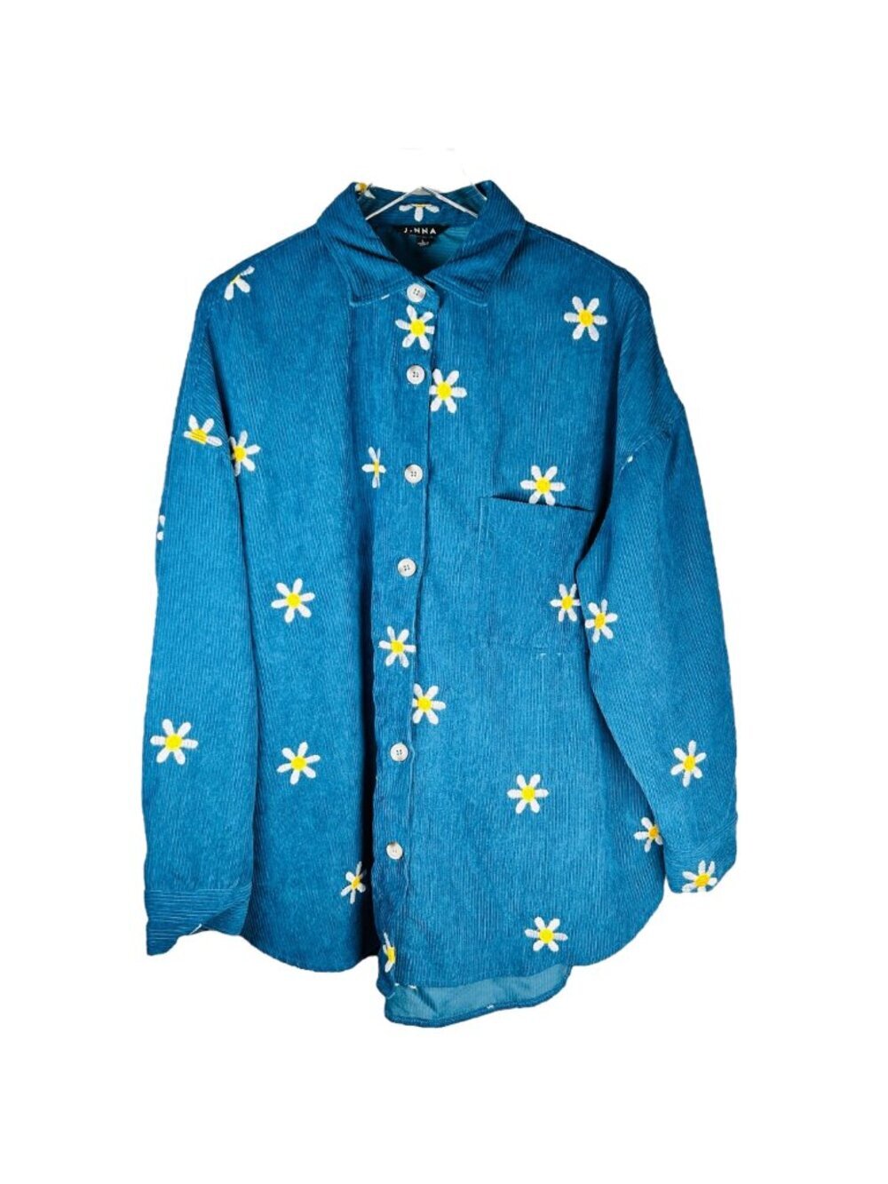 Daisy Corduroy Large Shirt Shacket Teal Green Floral Boho